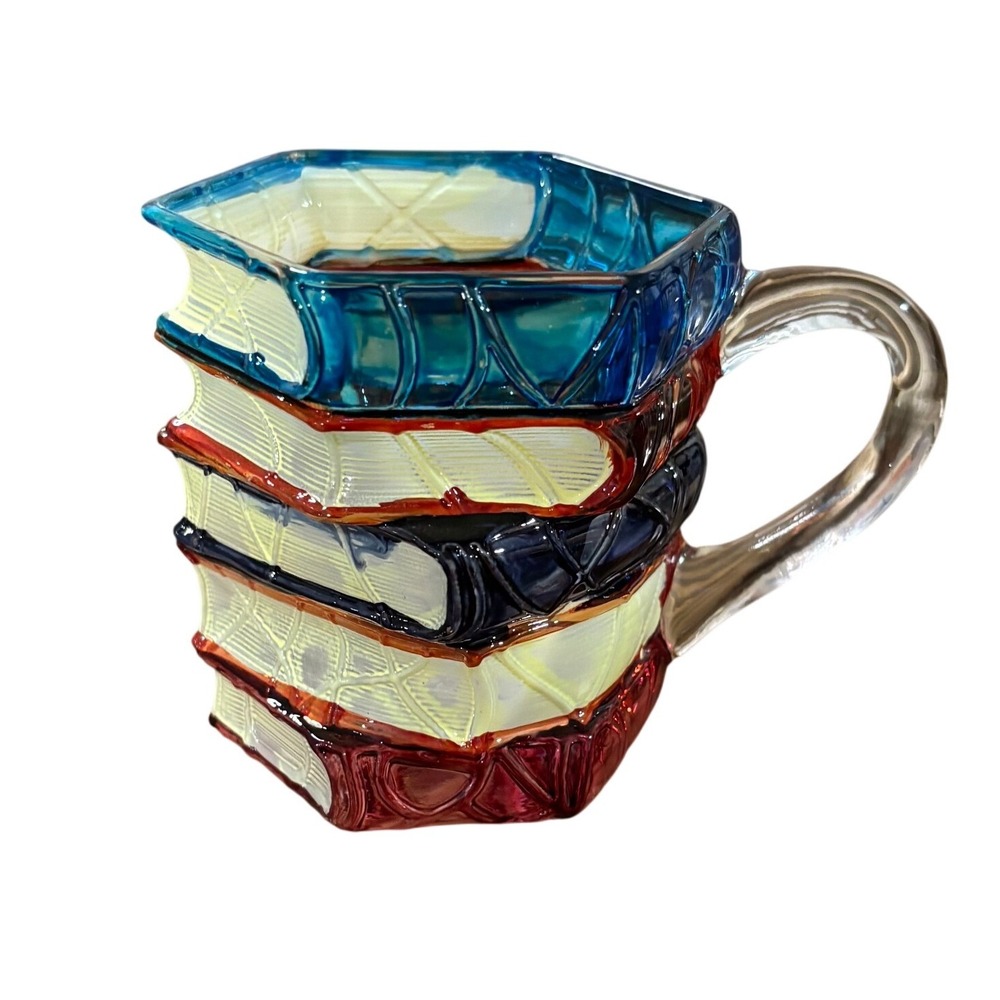 Painted Stacked Books Coffee Mug Multicolor Glass Book Lover Library Cup 3.25in